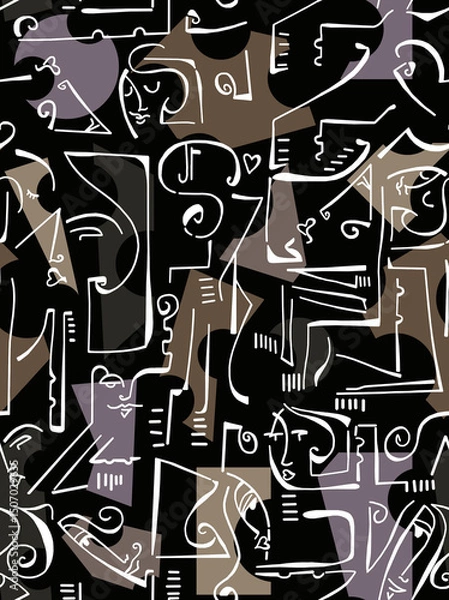 Obraz Abstract drawing of women's faces with white lines on a colored background.Seamless pattern.	
