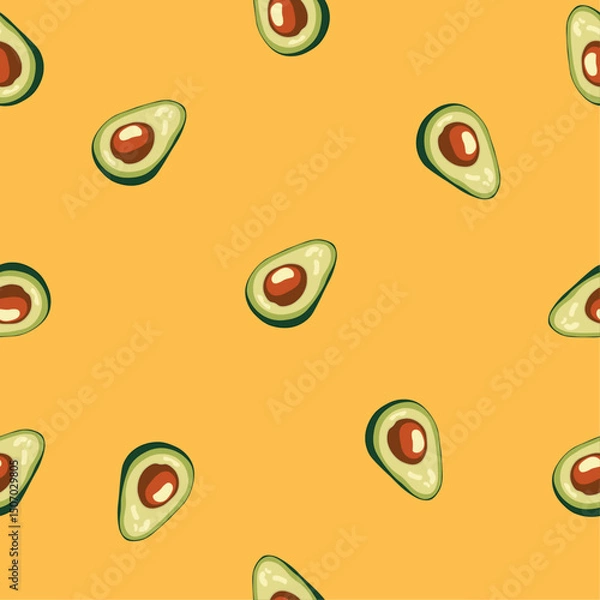 Obraz Simple seamless pattern with avocado halves on a bright yellow background. Fun healthy food design for packaging or fabric.