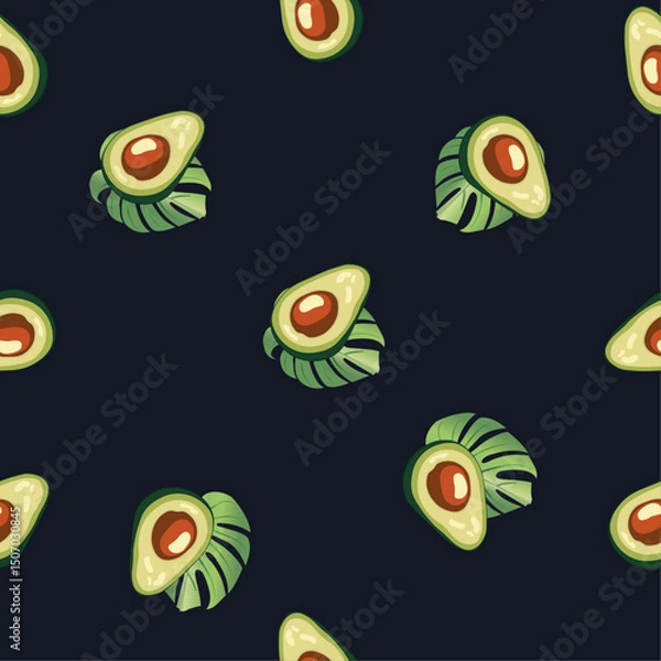 Obraz Seamless dark pattern with avocados and monstera leaves. Elegant tropical design perfect for textile or packaging.