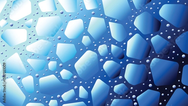 Fototapeta This image presents a contemporary blue mosaic pattern resembling shattered or stained glass with floating bubbles. Ideal for use as a wallpaper, digital background