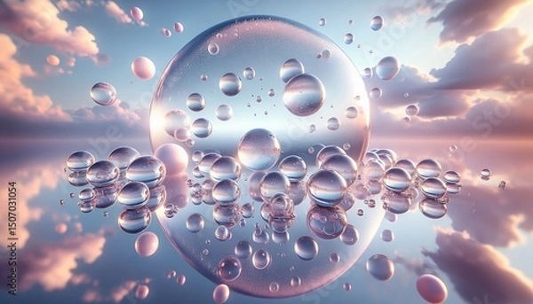 Fototapeta Floating glass spheres create a surreal, tranquil atmosphere by reflecting the dreamy sky.
