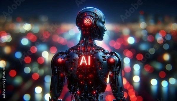 Fototapeta This is a futuristic, AI-powered humanoid with glowing neon lights that embodies technological innovation in a vibrant cityscape.
