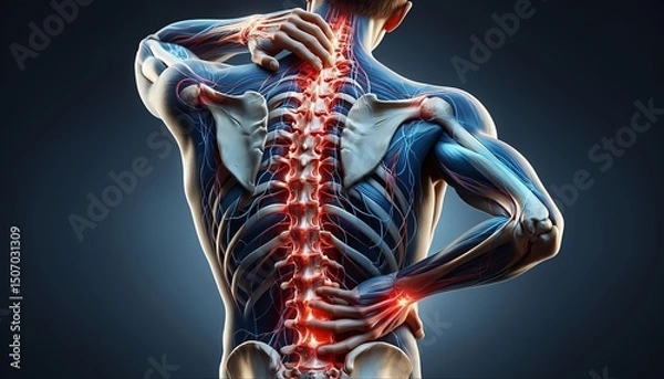Fototapeta This is an anatomical illustration of the human spine and muscles. It highlights areas of pain and discomfort in a medical visualization.
