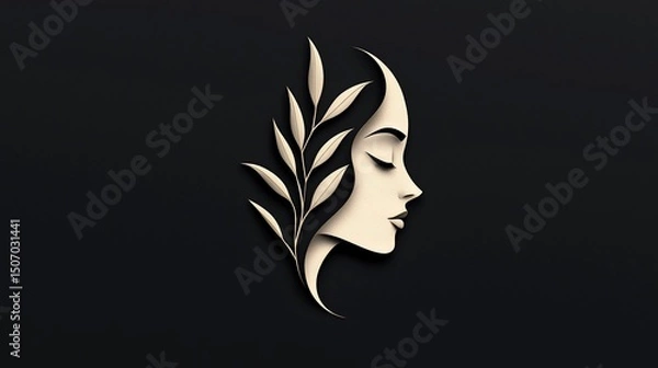 Obraz Elegant female profile, adorned with a decorative leafy crown, set against a dark background.  A stylized illustration of a woman