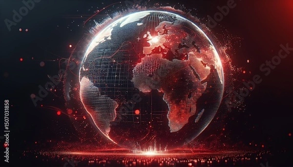 Fototapeta This is a digital representation of Earth adorned with glowing red and white lights that symbolize global connectivity and technology.
