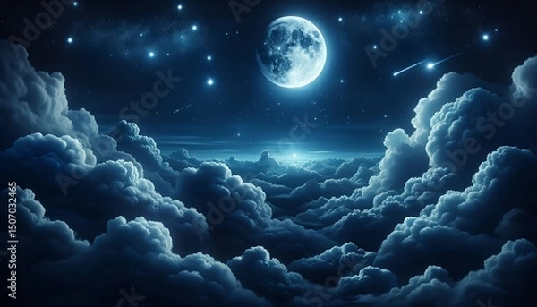 Fototapeta The night sky is serene, filled with stars and a glowing moon above a sea of clouds.
