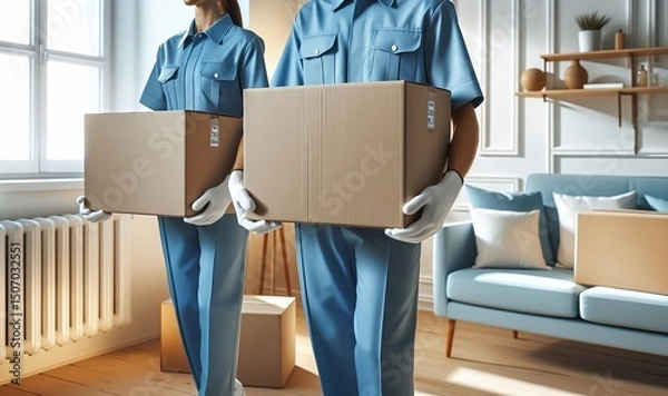 Fototapeta Professional movers in blue uniforms symbolize efficient relocation services by transporting boxes.
