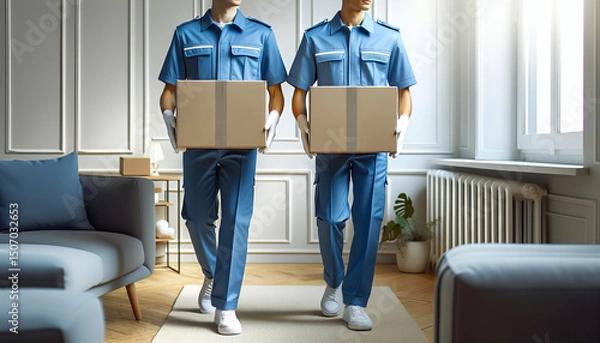 Fototapeta Professional movers are efficiently handling furniture and boxes in a modern home.
