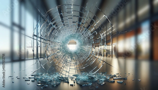 Fototapeta A shattered glass window in a modern building symbolizes disruption and impact.
