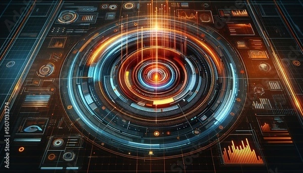 Fototapeta A futuristic digital interface featuring glowing concentric circles and data visualizations that represent advanced technology and innovation.
