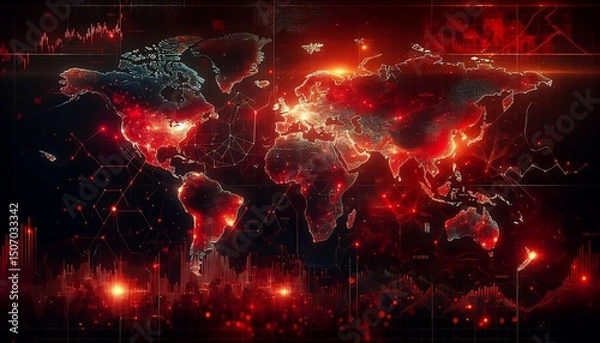 Fototapeta It is a glowing digital network that illustrates global connectivity and data flow across an interconnected world.
