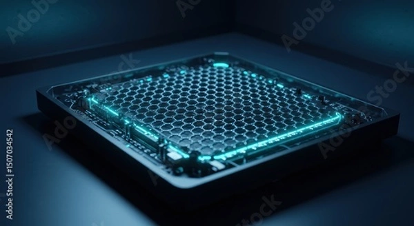 Fototapeta Illuminated Tech Platform with Hexagonal Pattern