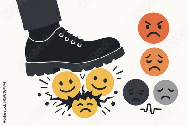 Fototapeta Psychological pressure bullying oppression concept. Boot foot stepping crushing breaking happy smiley emoji faces. Mental health depression workplace harassment metaphor illustration