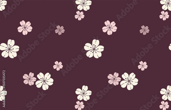 Obraz Seamless floral pattern with hand-drawn pink and beige flowers on a plum background. Elegant vector design for fabric, wallpaper, packaging, scrapbooking, and seasonal stationery projects.