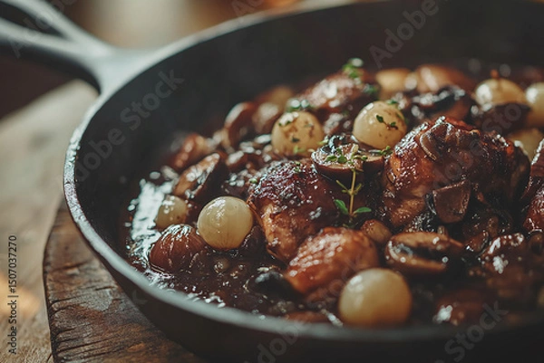 Obraz French coq au vin simmering in a cast-iron skillet, featuring tender chicken, pearl onions, mushrooms, and fresh herbs in a rich red wine sauce.