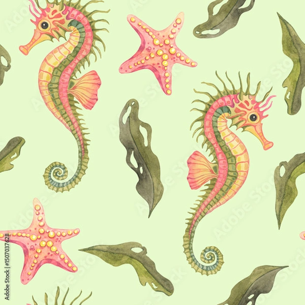Fototapeta Blush-pink seahorses, peach starfish, and flowing green seaweed create this fresh watercolor seamless pattern clipart. Ideal for reusable shopping bags, apparel, and organic product labels