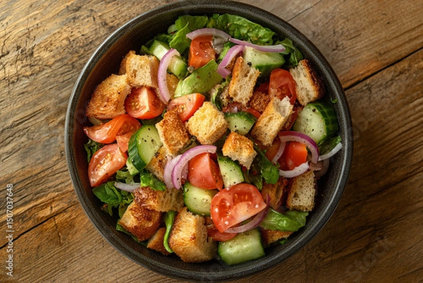Obraz Rustic Italian panzanella salad with fresh tomatoes, cucumbers, red onions, and crunchy bread cubes, served in a bowl