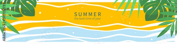 Fototapeta Summer abstract horizontal background. Beach and tropical leaves. Tourism concept, travel and adventure, vacation. Vector illustration for poster, cover, sales