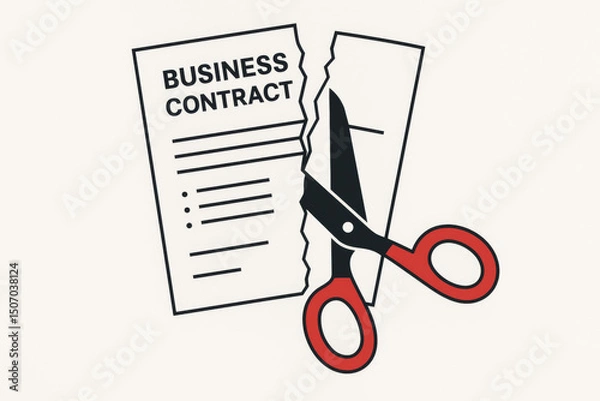 Fototapeta Business contract termination scissors cutting legal document paper. Agreement cancellation breach dissolution concept. Deal ending separation vector illustration