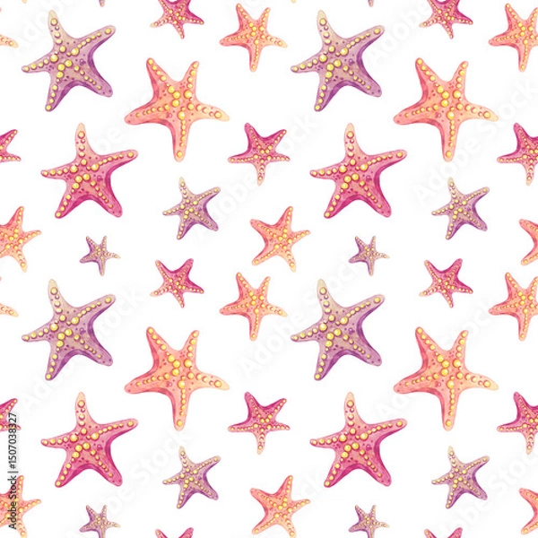 Fototapeta Assorted pink, orange, and purple watercolor starfish arranged in varied sizes in a seamless clipart pattern. Use for nursery items, scrapbook kits, or ocean-themed gift wrapping.