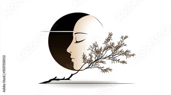 Obraz Elegant woman's profile, serene face,  and delicate branch