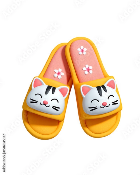 Fototapeta Adorable Kitten Design Yellow Summer Slippers for Kids Perfect for Beach or Pool