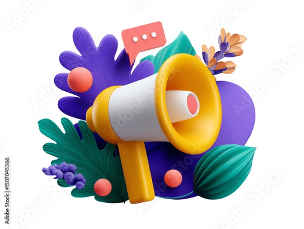 Fototapeta Vibrant 3D Megaphone Announcement with Tropical Leaves and Speech Bubble