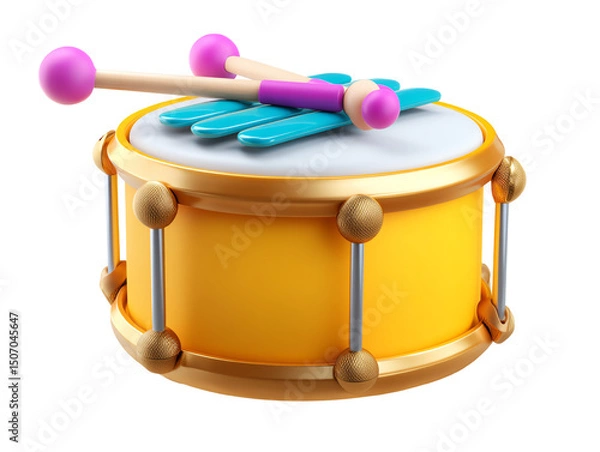 Fototapeta Yellow Drum Set with Colorful Mallet and Xylophone Fun Musical Instrument for Kids