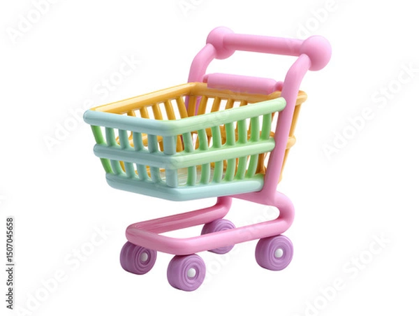 Fototapeta Pastel Colored Shopping Cart 3D Render of a Cute Mini Supermarket Trolley