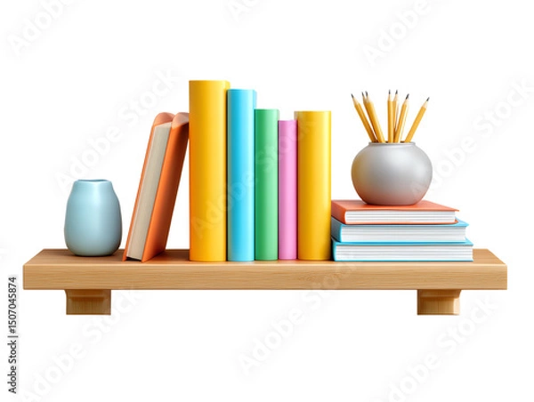 Fototapeta Colorful Books and Pencils on Wooden Shelf Home Office Organization