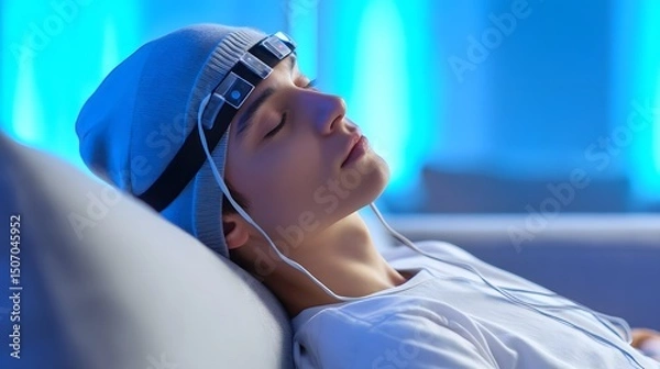 Fototapeta Person wearing EEG headband relaxing on futuristic medical monitoring device