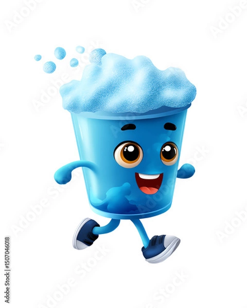 Fototapeta Happy Blue Cup Character Running with Foam Fun Cartoon Illustration