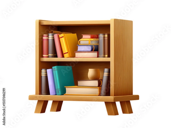 Fototapeta Wooden Bookshelf with Colorful Books and Cup Home Library Decor