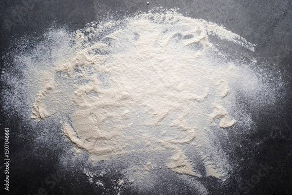 Obraz Flat lay cooking background of flour laying on slate board with copy-space.
