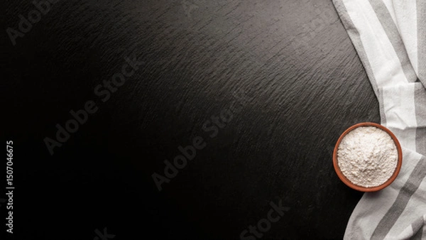 Obraz Simple cooking background  of Bowl with flour and napkin on dark board flat lay with copy-space