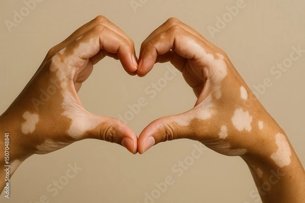 Fototapeta Hands with vitiligo forming a heart shape on beige background. Symbol of self-love, diversity
