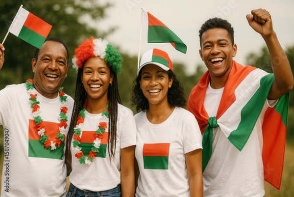 Fototapeta Group of happy people wearing Madagascar-themed outfits and waving flags
