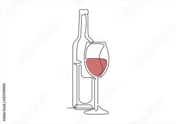 Obraz Continuous line drawing of wine bottle and glasses. Template for your design works. Vector illustration.
