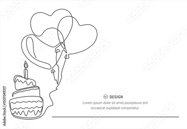 Obraz One Line Drawing of a Birthday Cake with Balloons