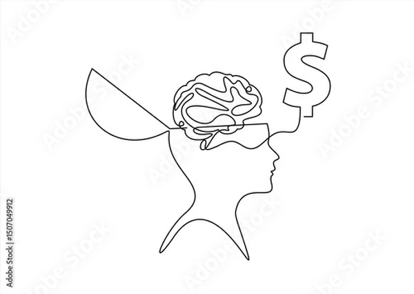 Obraz logo vector illustration single continuous line money brain