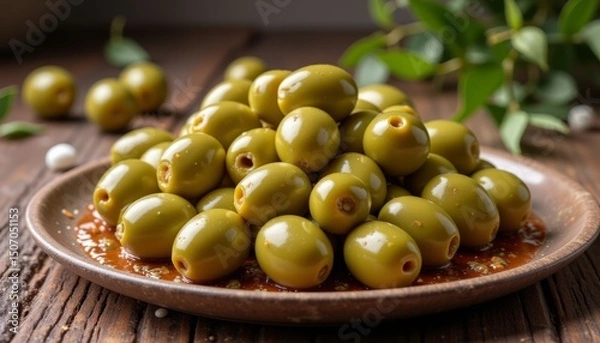 Fototapeta A bowl of green olives with a leafy green olive on top