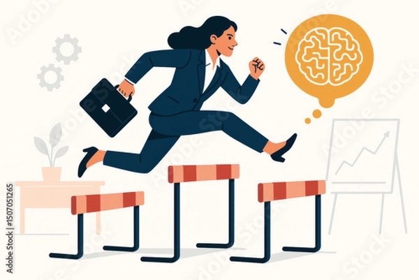 Fototapeta Businesswoman jumping over hurdles obstacles overcoming business challenges breakthrough success achievement career growth leadership professional development problem solving