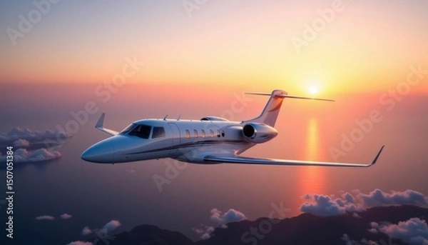 Fototapeta A white jet plane flying over the ocean at sunset