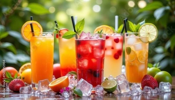 Fototapeta A table with six colorful drinks and ice cubes