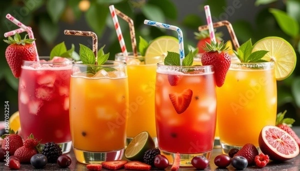 Fototapeta A table with six colorful drinks and ice cubes