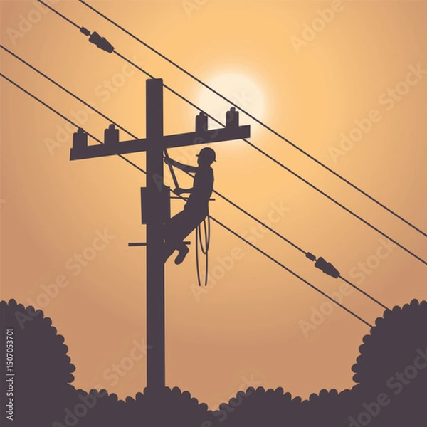 Fototapeta illustration of lineman with electrical installation on the city for electrical service vector