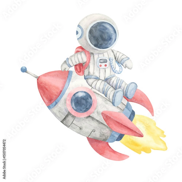 Fototapeta Watercolor illustration of a red and blue rocket with red fins and a seated astronaut in a gray suit with red backpack. Space scene clipart. Perfect for sticker sets, science fair posters and wall art