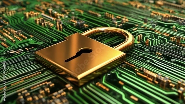 Obraz Golden padlock on circuit board symbolizes strong digital security, encryption, and data protection in modern technology systems and online networks.