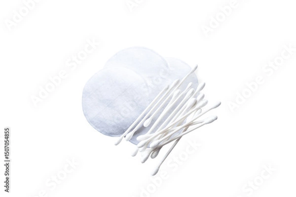 Fototapeta Cotton pads and swabs stacked together on a white background, showcasing essential beauty and personal care items for skincare routines and makeup application