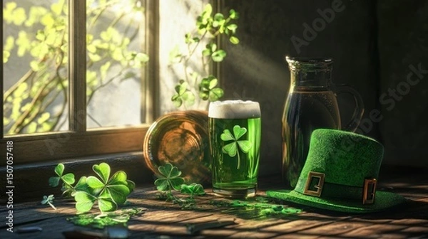 Obraz Colorful St. Patrick's Day scene with festive decorations, lucky shamrocks, and leprechauns dancing in green. Celebrate Irish spirit with joy and charm!
